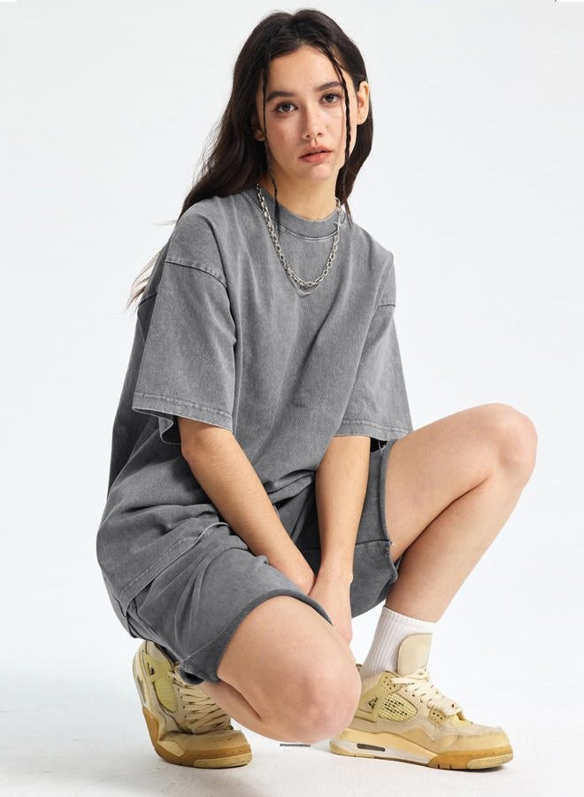 Arssm Women Oversized T Shirts Acid Washed Cotton Tees Vintage Baggy Loose Fit Streetwear Workout Tops, Black+grey+khaki, L - Image 2