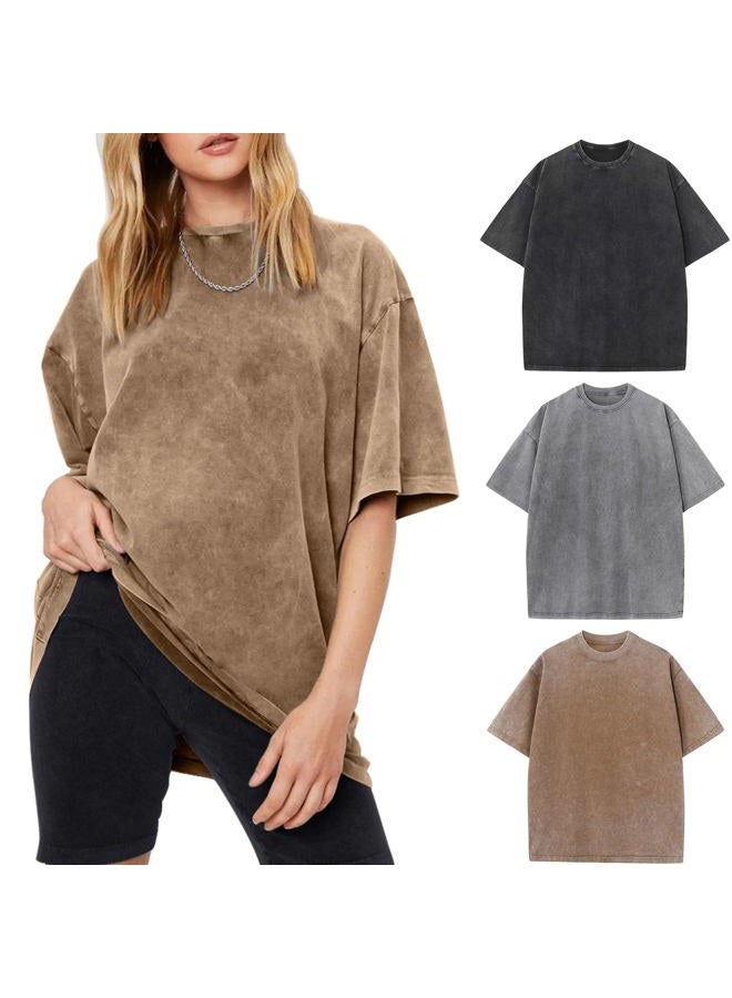 Arssm Women Oversized T Shirts Acid Washed Cotton Tees Vintage Baggy Loose Fit Streetwear Workout Tops, Black+grey+khaki, L - Image 1