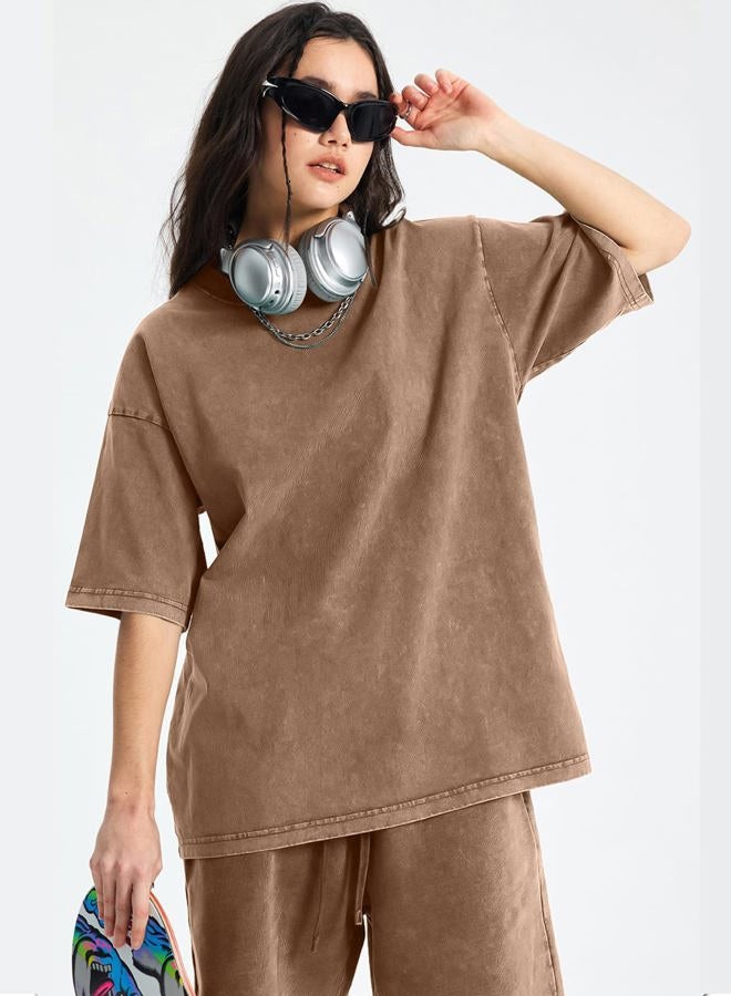 Arssm Women Oversized T Shirts Acid Washed Cotton Tees Vintage Baggy Loose Fit Streetwear Workout Tops, Black+grey+khaki, L - Image 3