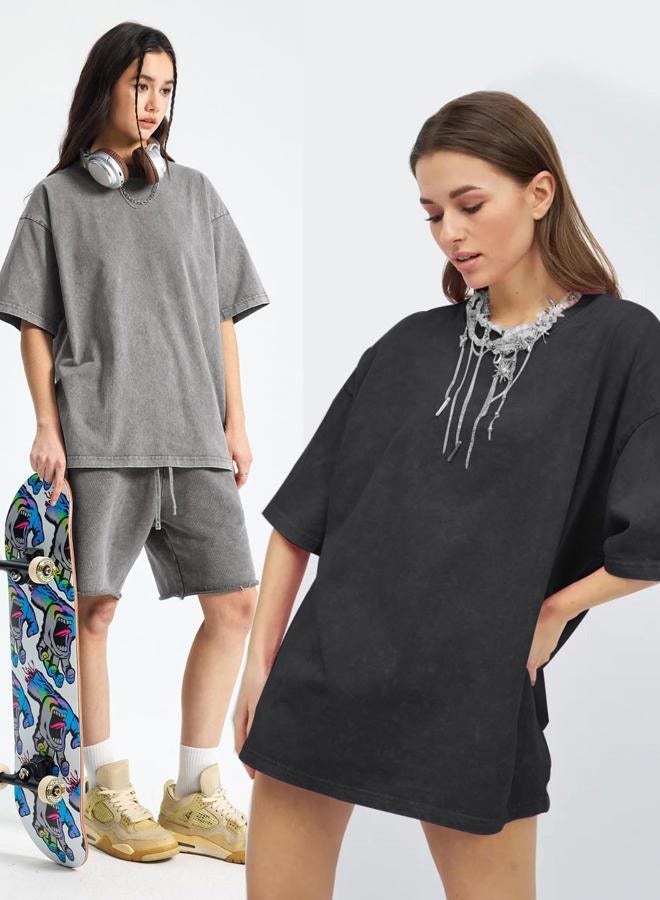 Arssm Women Oversized T Shirts Acid Washed Cotton Tees Vintage Baggy Loose Fit Streetwear Workout Tops, Black+grey+khaki, L - Image 4