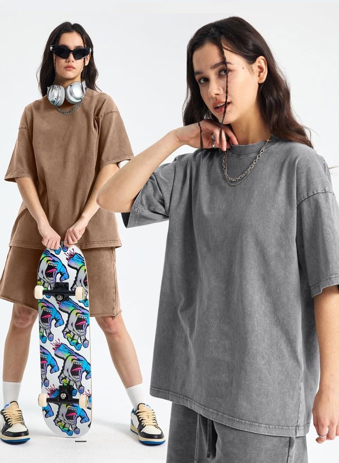 Arssm Women Oversized T Shirts Acid Washed Cotton Tees Vintage Baggy Loose Fit Streetwear Workout Tops, Black+grey+khaki, L - Image 5
