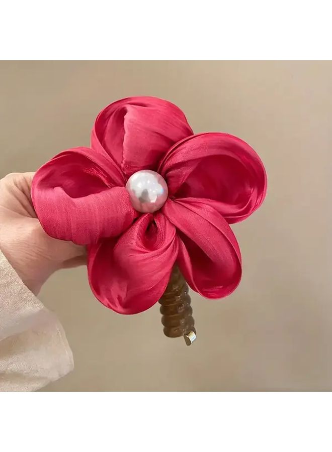 ربطة شعر وردية حمراء مع زهور حلزونية، إكسسوار شعر ناعم من البلاستيك للنساء والمراهقات - Image 2