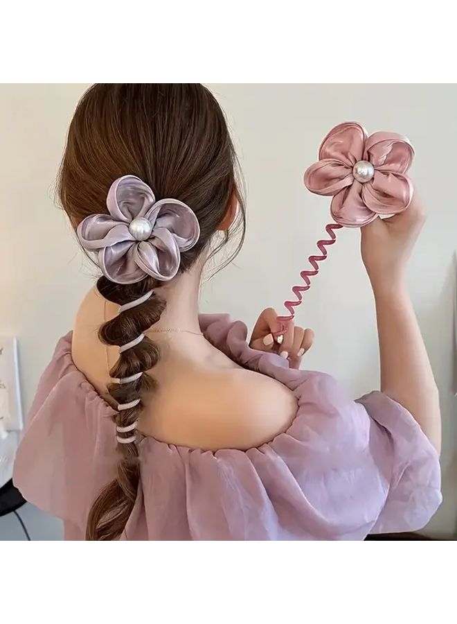 ربطة شعر وردية حمراء مع زهور حلزونية، إكسسوار شعر ناعم من البلاستيك للنساء والمراهقات - Image 1