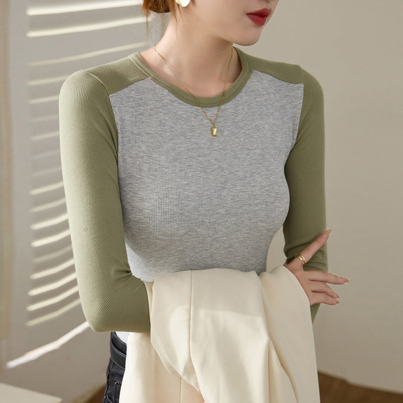 High-Quality Elastic Threaded Cotton Retro Color-Blocked Long-Sleeved T-Shirt For Women 2025 Slim-Fitting Inner Top Bottoming Shirt - Image 1