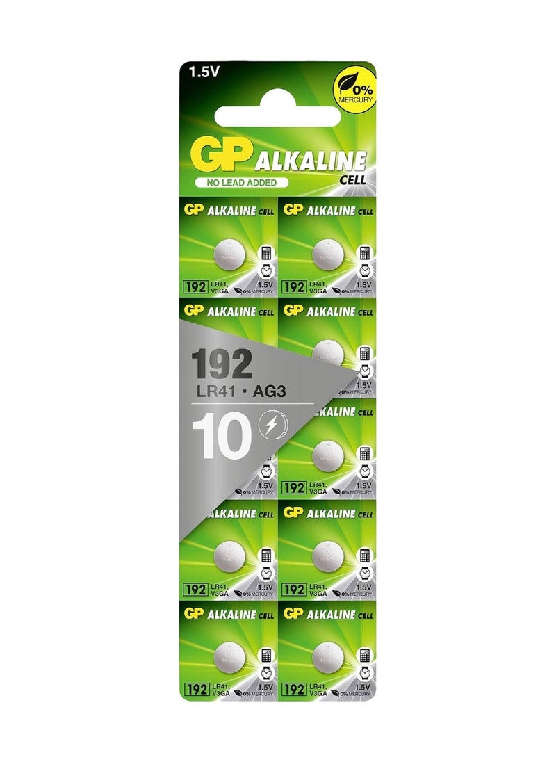 جي بي 10-Pieces GP (192) LR41 AG3 Alkaline Cell 0% Mercury 1.5V Batteries  - Image 1