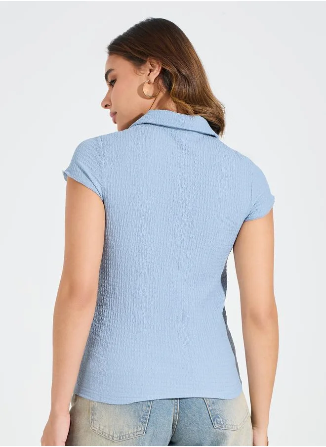 Styli Regular Fit Textured Polo T-Shirt with Cap Sleeves