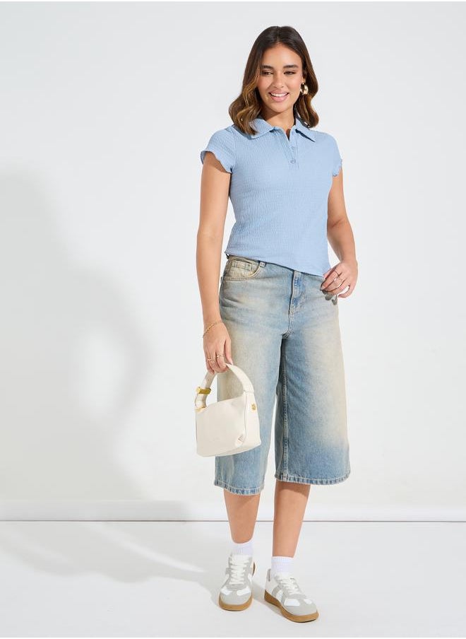 Styli - Regular Fit Textured Polo T-Shirt with Cap Sleeves - Image 1