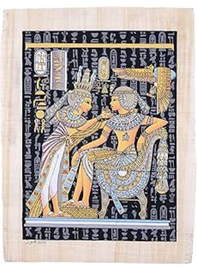 Generic - Ancient Egyptian papyrus 30 x 40cm of King Tutankhamun & Queen Ankhesenamun - Queen Ankhesenamun Anointing her Husband with Lotus Oils Glow in the dark made in Egypt with Authentic papyrus Leaves - Image 1