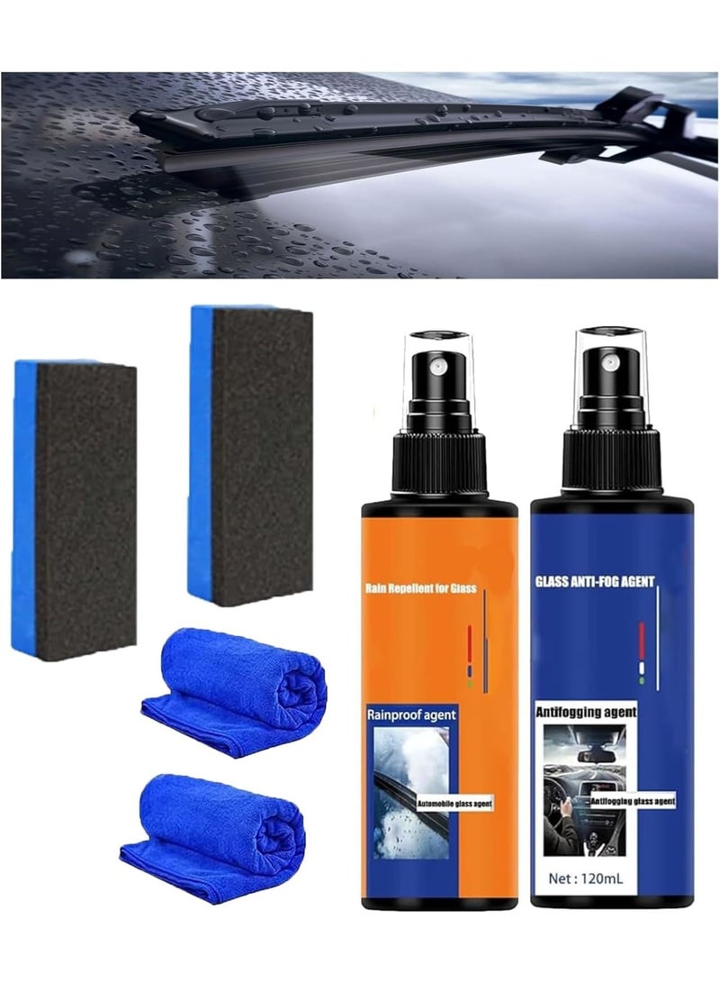 SOLARAE Car Glass Cleaner, 2 Pcs Car Windshield Water Repellent Spray with 2 Towel and 2 Sponge, Glass Coating for Windshield, Car Glass Oil Film Removal Agent, Hydrophobic Coating, Anti Fog Anti Rain Agent - Image 1