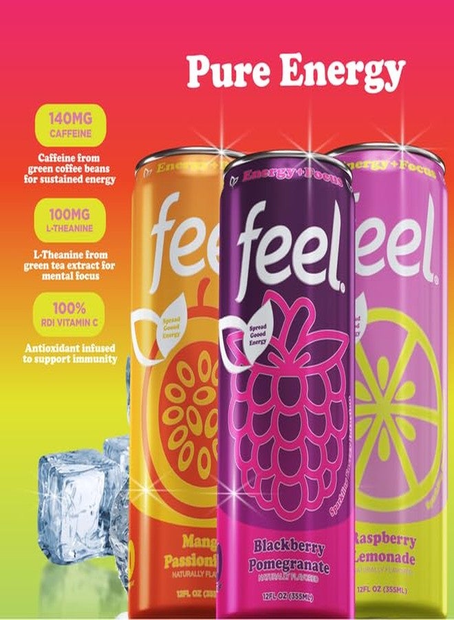 FEEL Variety Pack - Zero Sugar Natural Energy Drink - Mixed Fruit Flavors, 140mg Plant-Based Caffeine + L-Theanine for Focus, Clean Label, Vitamin C, Vegan, Non-GMO, 12 Fl Oz Cans (12-Pack) - Image 4