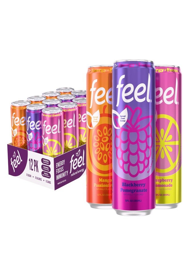 FEEL Variety Pack - Zero Sugar Natural Energy Drink - Mixed Fruit Flavors, 140mg Plant-Based Caffeine + L-Theanine for Focus, Clean Label, Vitamin C, Vegan, Non-GMO, 12 Fl Oz Cans (12-Pack) - Image 1