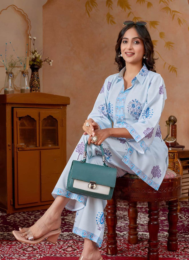 Women Basket Women Ethnic Motifs Printed Kurta with Trousers in Blue and Purple