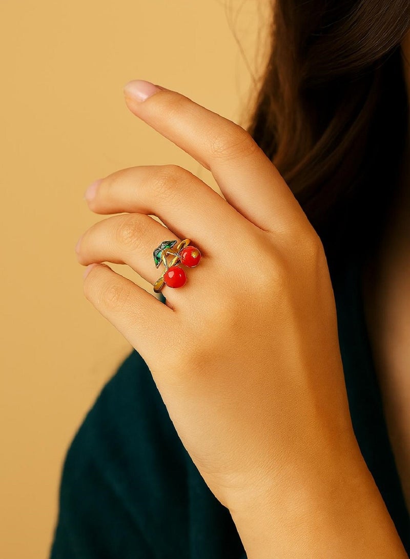 MANIKAN Cherry Design Ring, Gold-Tone with Red and Green Enamel - Image 1
