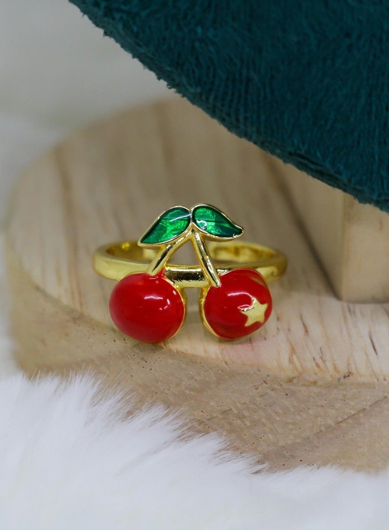 MANIKAN Cherry Design Ring, Gold-Tone with Red and Green Enamel - Image 2