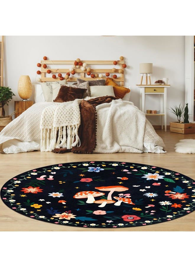 Acetiamin 4' Machine Washable Round Area Rug, Non-Slip Vintage Floral Circle Floor Rugs for Kids, Low Pile Room Carpet for Living Room, Bedroom, Dining Room & Nursery(4' Black Mushroom) - Image 4