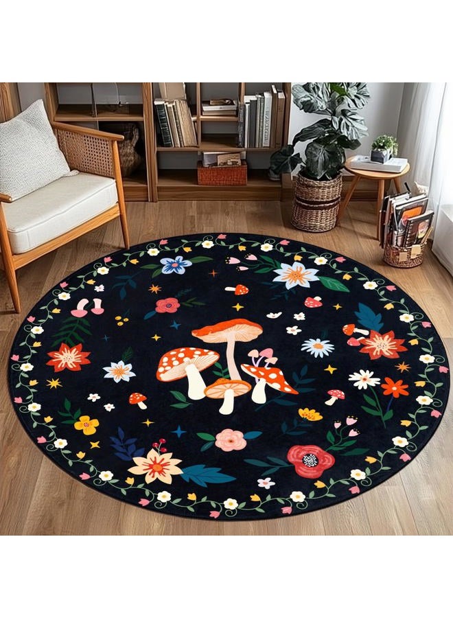 Acetiamin 4' Machine Washable Round Area Rug, Non-Slip Vintage Floral Circle Floor Rugs for Kids, Low Pile Room Carpet for Living Room, Bedroom, Dining Room & Nursery(4' Black Mushroom) - Image 1