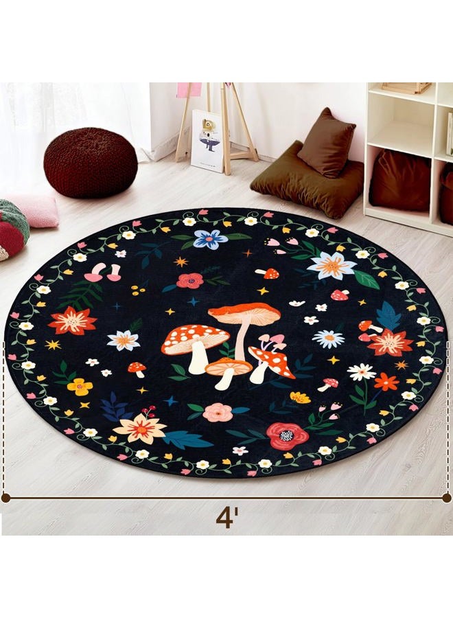 Acetiamin 4' Machine Washable Round Area Rug, Non-Slip Vintage Floral Circle Floor Rugs for Kids, Low Pile Room Carpet for Living Room, Bedroom, Dining Room & Nursery(4' Black Mushroom) - Image 2