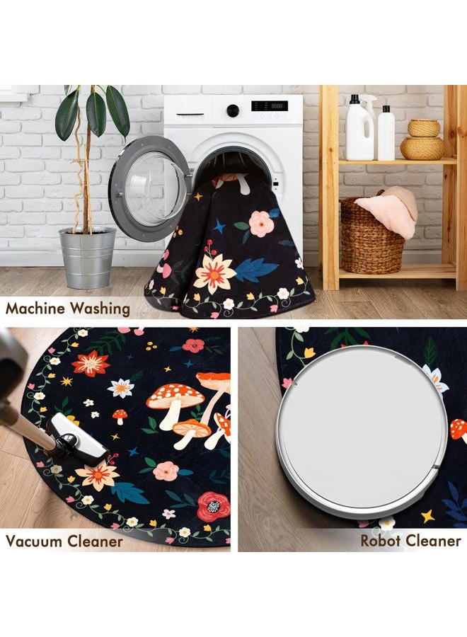 Acetiamin 4' Machine Washable Round Area Rug, Non-Slip Vintage Floral Circle Floor Rugs for Kids, Low Pile Room Carpet for Living Room, Bedroom, Dining Room & Nursery(4' Black Mushroom) - Image 5