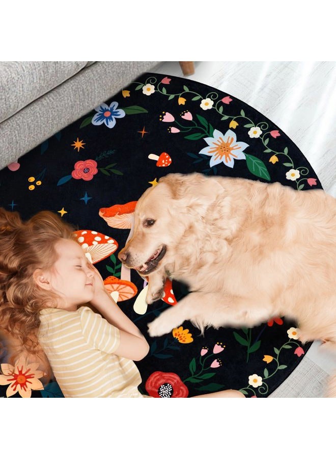 Acetiamin 4' Machine Washable Round Area Rug, Non-Slip Vintage Floral Circle Floor Rugs for Kids, Low Pile Room Carpet for Living Room, Bedroom, Dining Room & Nursery(4' Black Mushroom) - Image 3