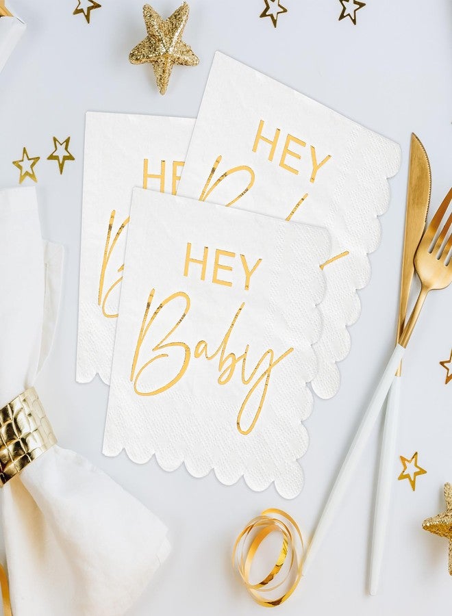 Whaline 50Pcs Scalloped Baby Shower Napkins White Gold Hey Baby Cocktail Napkin Disposable Decorative Dinner Paper Napkin for Party Supplies Table Decor - Image 5