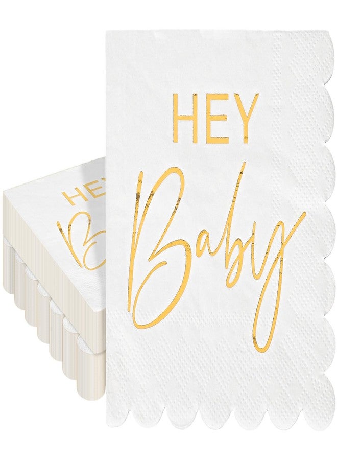 Whaline 50Pcs Scalloped Baby Shower Napkins White Gold Hey Baby Cocktail Napkin Disposable Decorative Dinner Paper Napkin for Party Supplies Table Decor - Image 1