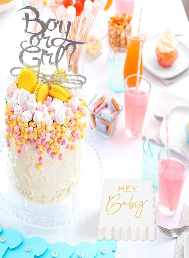 Whaline 50Pcs Scalloped Baby Shower Napkins White Gold Hey Baby Cocktail Napkin Disposable Decorative Dinner Paper Napkin for Party Supplies Table Decor - Image 4