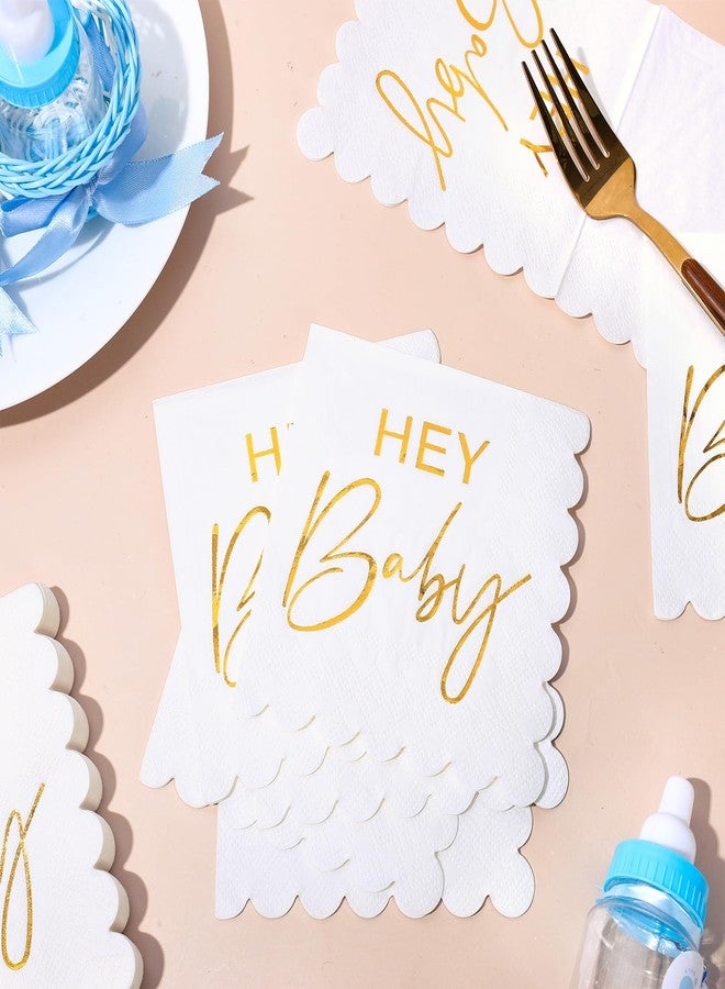 Whaline 50Pcs Scalloped Baby Shower Napkins White Gold Hey Baby Cocktail Napkin Disposable Decorative Dinner Paper Napkin for Party Supplies Table Decor - Image 3