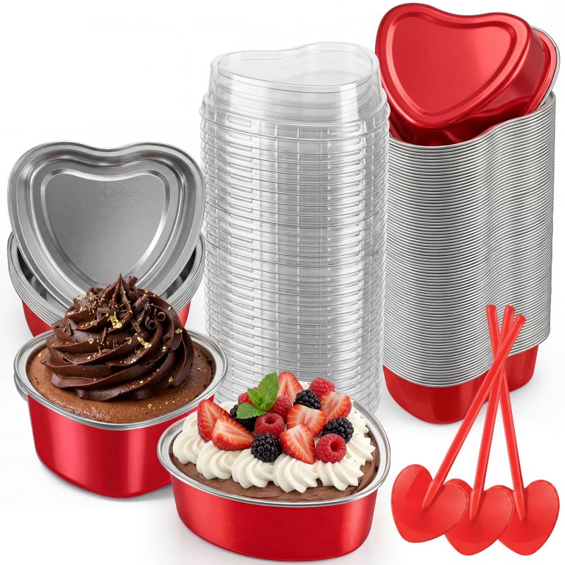 Blushtier 120 Set 3.4 oz Heart Shaped Cake Pans with Lids Spoons for Baking Aluminum Foil Cupcake Cups Disposable Mini Plastic Spoons Heart Containers for Valentine's Day Wedding Birthday Party (Red) - Image 1