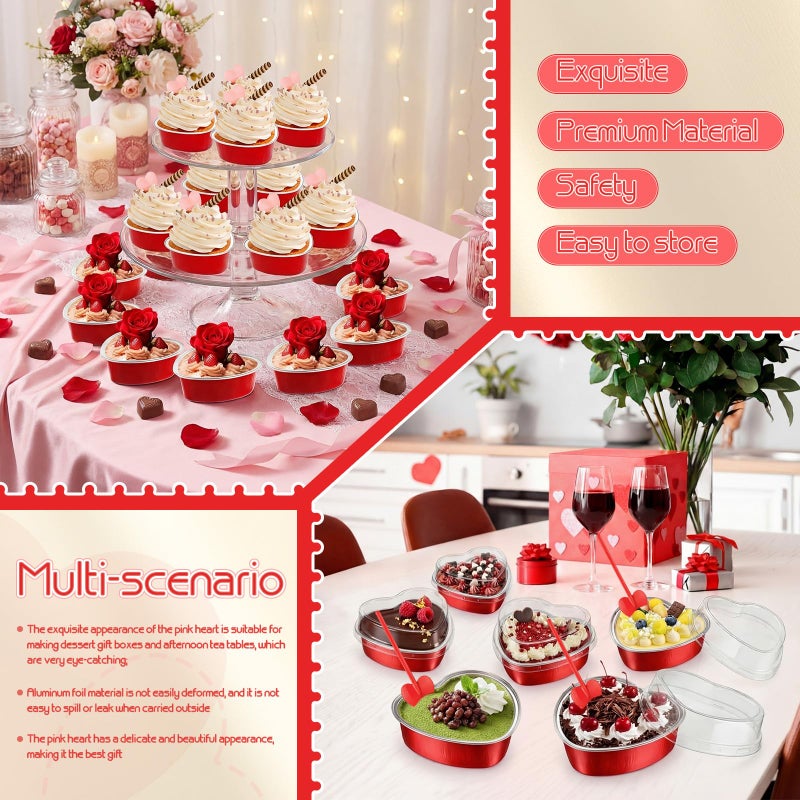 Blushtier 120 Set 3.4 oz Heart Shaped Cake Pans with Lids Spoons for Baking Aluminum Foil Cupcake Cups Disposable Mini Plastic Spoons Heart Containers for Valentine's Day Wedding Birthday Party (Red) - Image 5