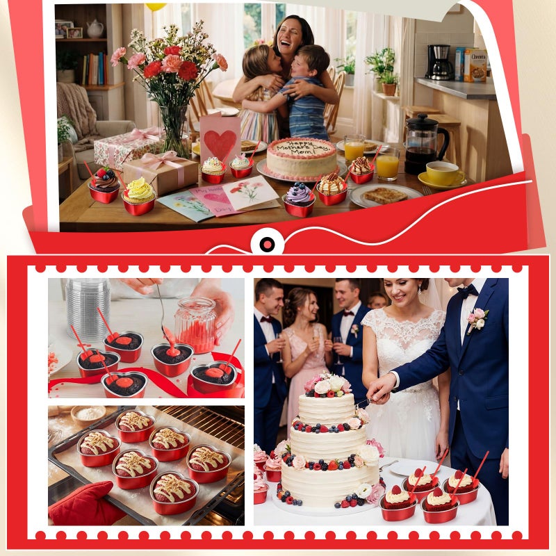 Blushtier 120 Set 3.4 oz Heart Shaped Cake Pans with Lids Spoons for Baking Aluminum Foil Cupcake Cups Disposable Mini Plastic Spoons Heart Containers for Valentine's Day Wedding Birthday Party (Red) - Image 4
