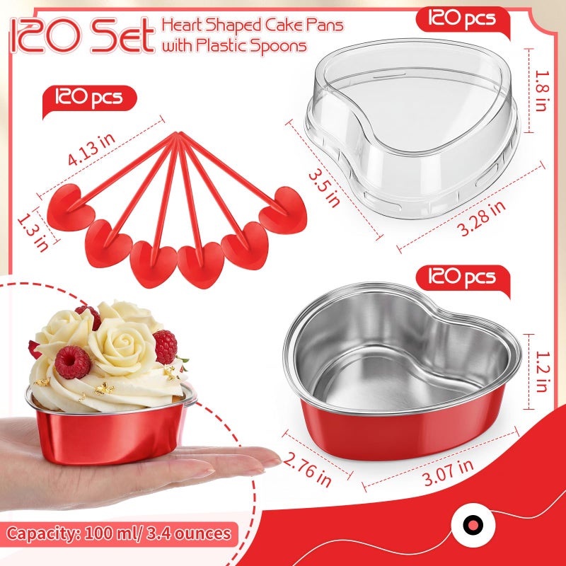 Blushtier 120 Set 3.4 oz Heart Shaped Cake Pans with Lids Spoons for Baking Aluminum Foil Cupcake Cups Disposable Mini Plastic Spoons Heart Containers for Valentine's Day Wedding Birthday Party (Red) - Image 2