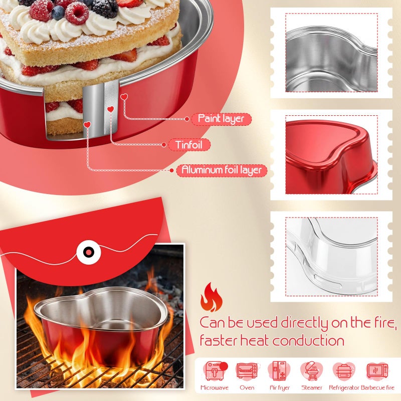 Blushtier 120 Set 3.4 oz Heart Shaped Cake Pans with Lids Spoons for Baking Aluminum Foil Cupcake Cups Disposable Mini Plastic Spoons Heart Containers for Valentine's Day Wedding Birthday Party (Red) - Image 3