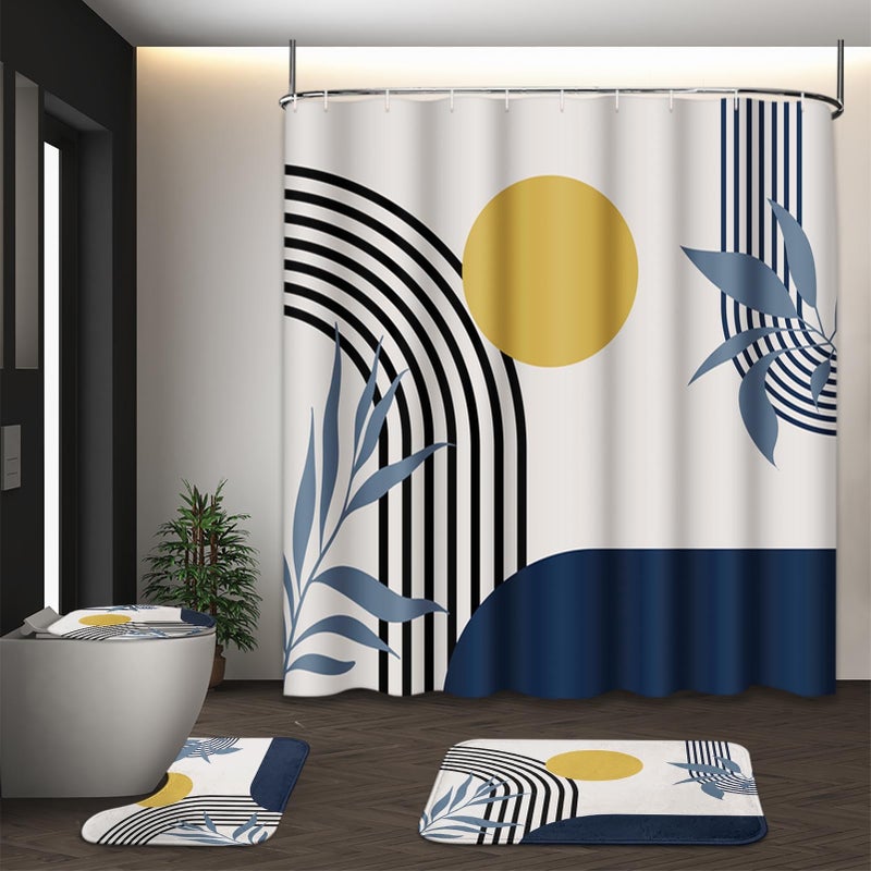 Tayney Boho Mid Century Shower Curtain Set with Toilet Lid Cover and Non-Slip Rugs, Abstract Geometric 4 Pcs Modern Minimalist Blue Yellow Vintage Shower Curtain for Bathroom Set with 12 Hooks - Image 1