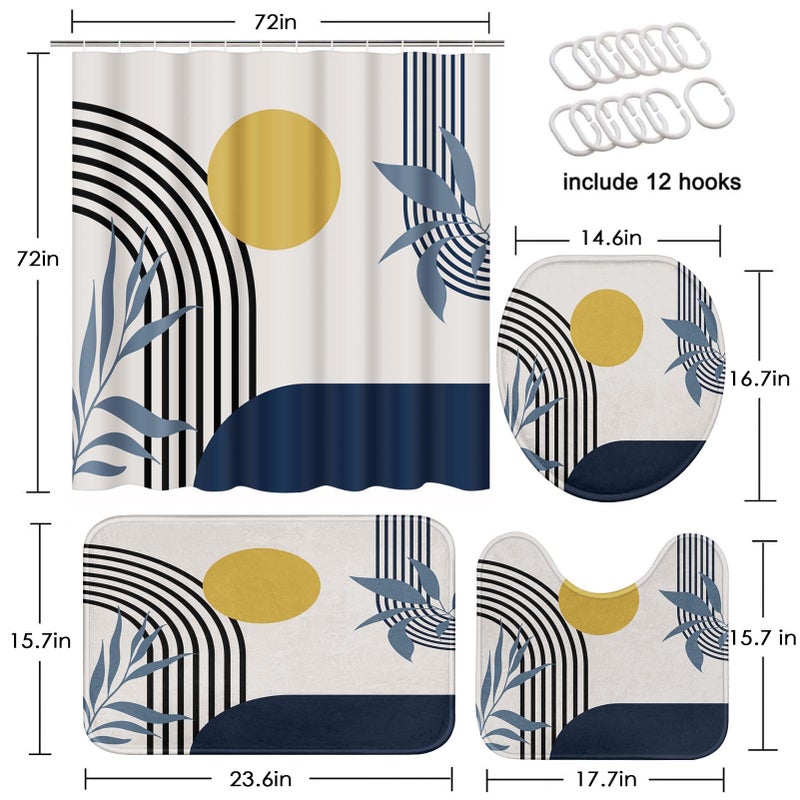 Tayney Boho Mid Century Shower Curtain Set with Toilet Lid Cover and Non-Slip Rugs, Abstract Geometric 4 Pcs Modern Minimalist Blue Yellow Vintage Shower Curtain for Bathroom Set with 12 Hooks - Image 2