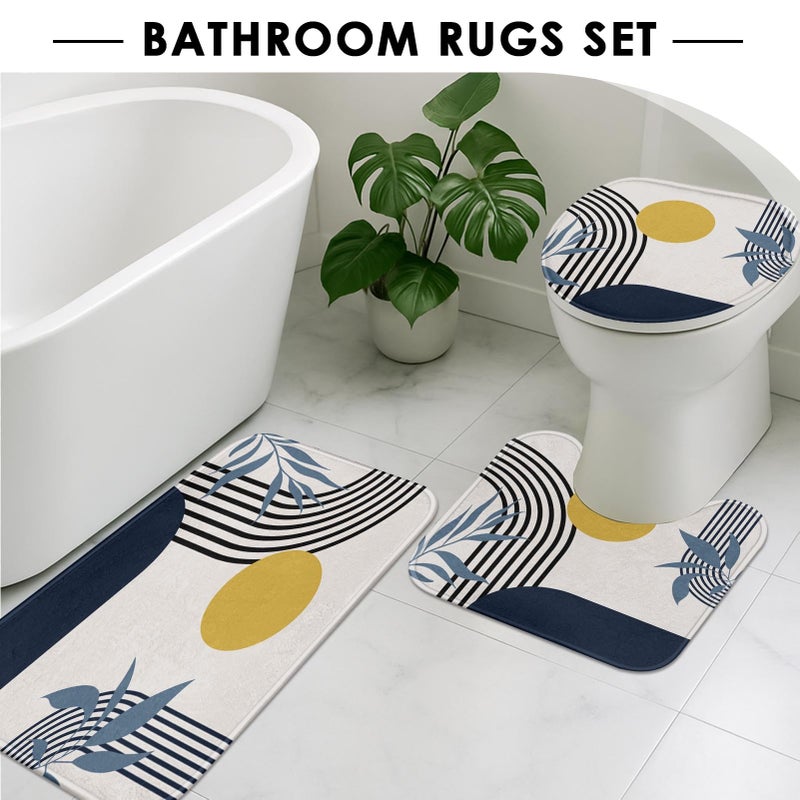 Tayney Boho Mid Century Shower Curtain Set with Toilet Lid Cover and Non-Slip Rugs, Abstract Geometric 4 Pcs Modern Minimalist Blue Yellow Vintage Shower Curtain for Bathroom Set with 12 Hooks - Image 5