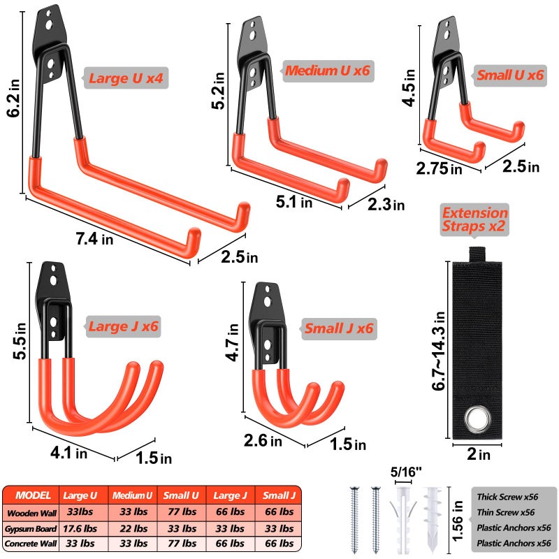 MIKRUI 30 Pack Heavy Duty Garage Hooks,Solid Steel Wall Mount Hangers,with Anti-Slip Coating,for Hanging and Organising Ladder,Bike,Ropes,Broom,Garden,Yard and Power Tools - Image 2