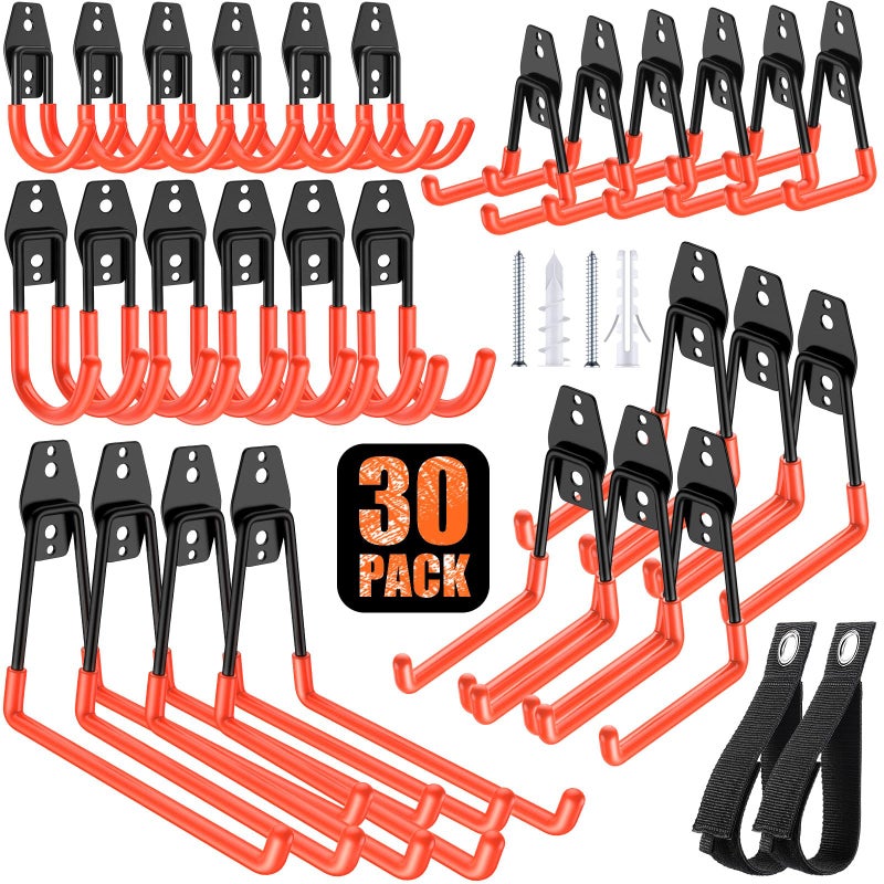 MIKRUI 30 Pack Heavy Duty Garage Hooks,Solid Steel Wall Mount Hangers,with Anti-Slip Coating,for Hanging and Organising Ladder,Bike,Ropes,Broom,Garden,Yard and Power Tools - Image 1