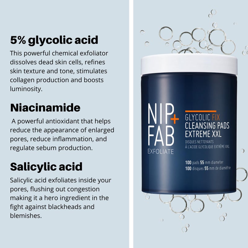 NIP+FAB Nip + Fab Glycolic Acid Night Pads, Exfoliating Resurfacing AHA Facial Pad For Skin Toning Blemish Control Pigmentation, 100 Supersize Pads, Extreme, 100 Count (Pack of 1) - Image 5