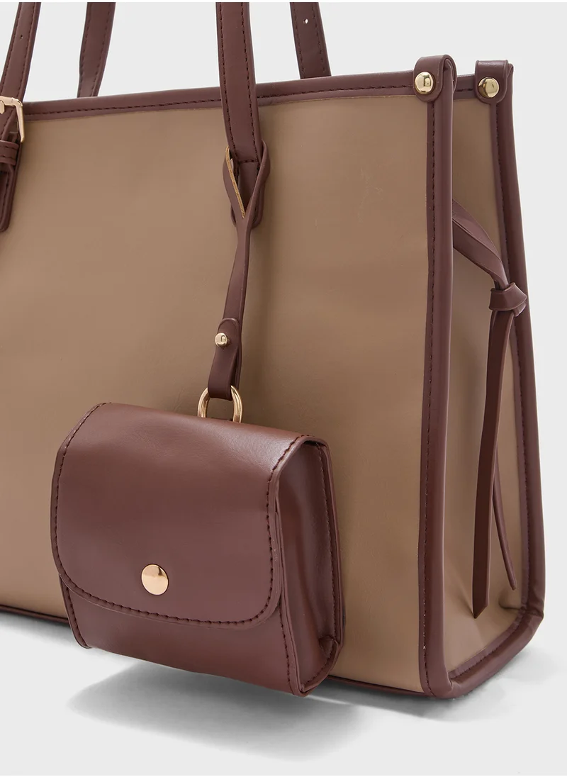 ايلا Contrast Color Tote Bag With Pouch