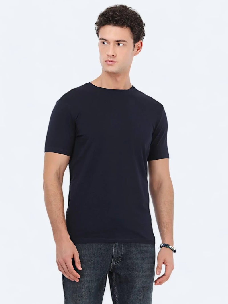 Kip Navy Blue Crew Neck Cotton Blended T-Shirt - Image 1