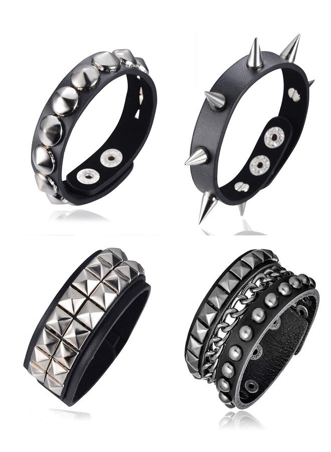 Tornito 4Pcs Black Punk Rock Leather Bracelet Spike Pyramid Studded Rivet Bracelet Wristband Adjustable for Men Women - Image 1