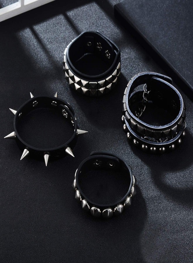 Tornito 4Pcs Black Punk Rock Leather Bracelet Spike Pyramid Studded Rivet Bracelet Wristband Adjustable for Men Women - Image 4