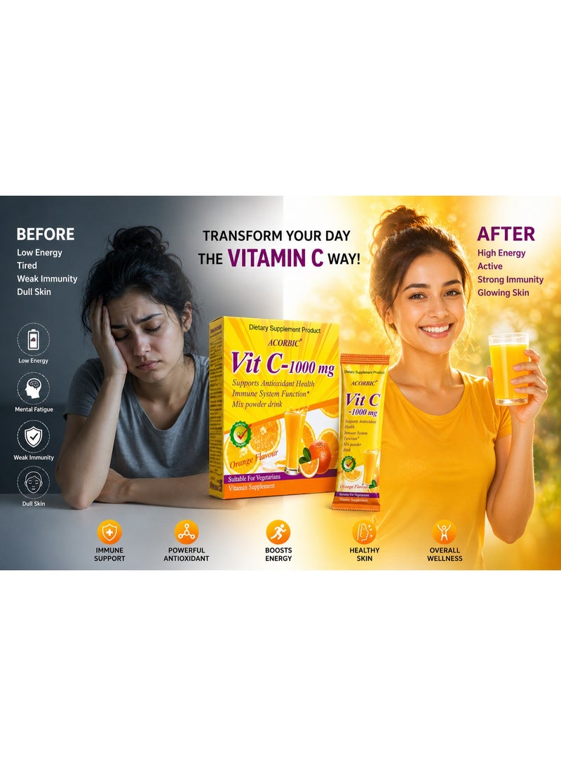ACORBIC Vit C 1000 mg Orange Flavour Vitamin Drink Powder Antioxidant Supplement Immune Support Sachets Daily Wellness Beverage Mix - Image 5
