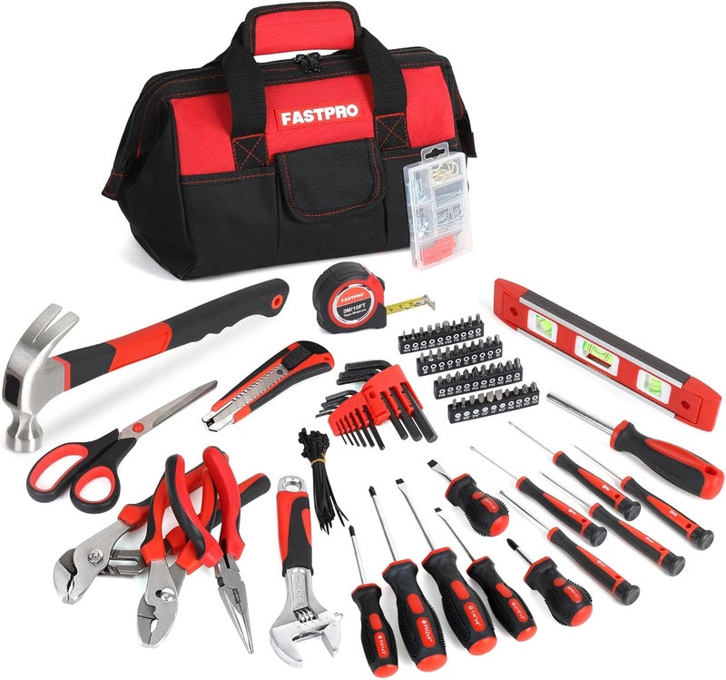 FASTPRO 220-Piece Home Tool Set, Household Repairing Tool Kit with 12-Inch Wide Mouth Open Storage Tool Bag, Red - Image 1