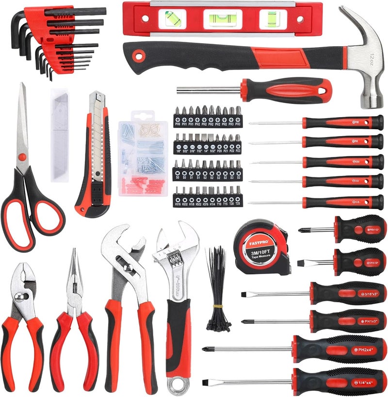 FASTPRO 220-Piece Home Tool Set, Household Repairing Tool Kit with 12-Inch Wide Mouth Open Storage Tool Bag, Red - Image 2