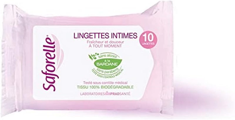 Saforelle Ultra Gentle Intimate Wipes - 10 Biodegradable Wipes with Burdock Extract