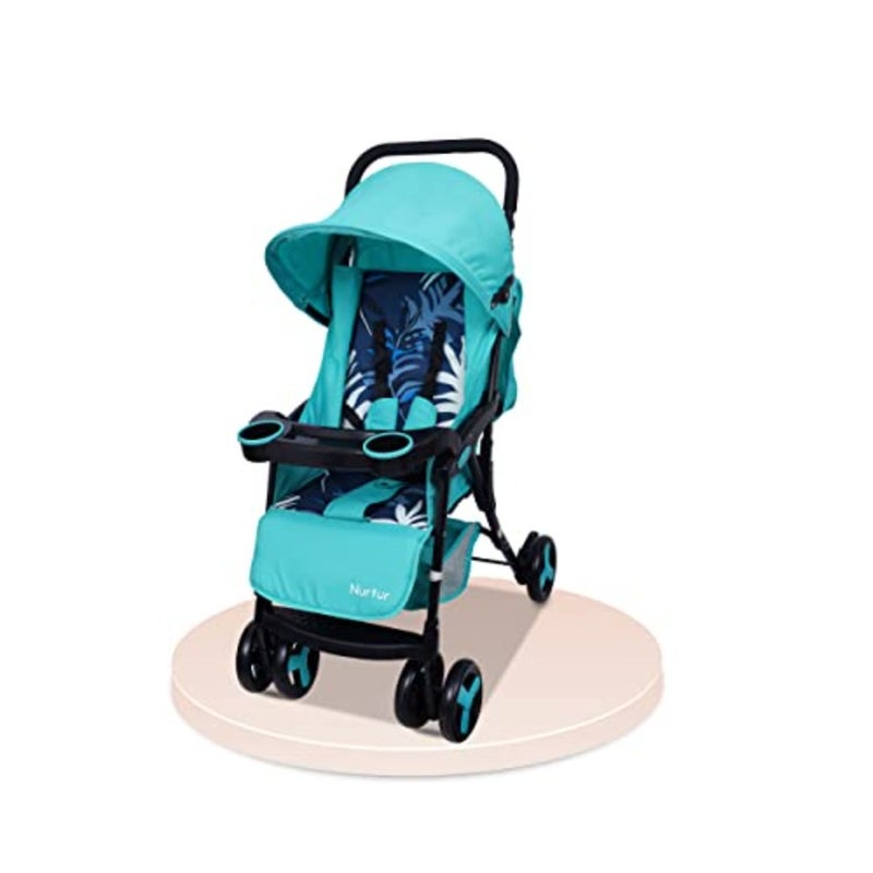 Baby travel stroller for 0-36 months: ultra compact, lightweight, teal printed fabric, includes storage basket, detachable food tray, reclining seat, leg rest - Image 1