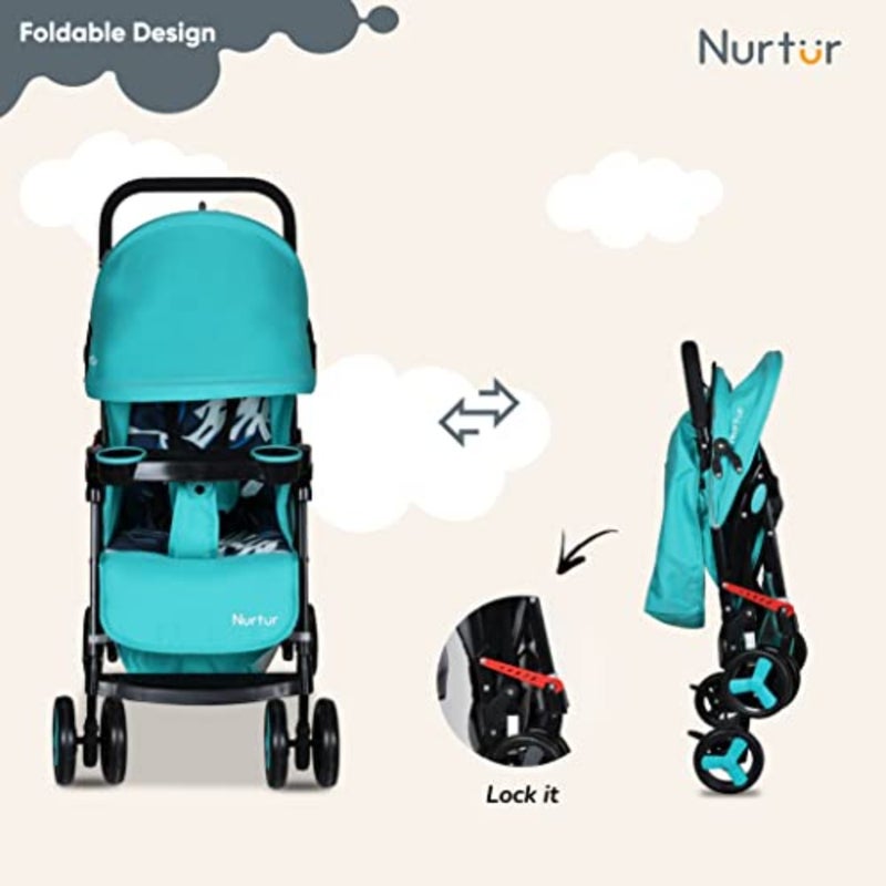Baby travel stroller for 0-36 months: ultra compact, lightweight, teal printed fabric, includes storage basket, detachable food tray, reclining seat, leg rest - Image 4