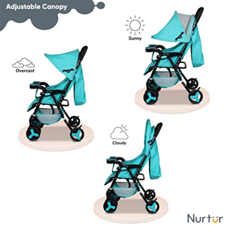 Baby travel stroller for 0-36 months: ultra compact, lightweight, teal printed fabric, includes storage basket, detachable food tray, reclining seat, leg rest - Image 3