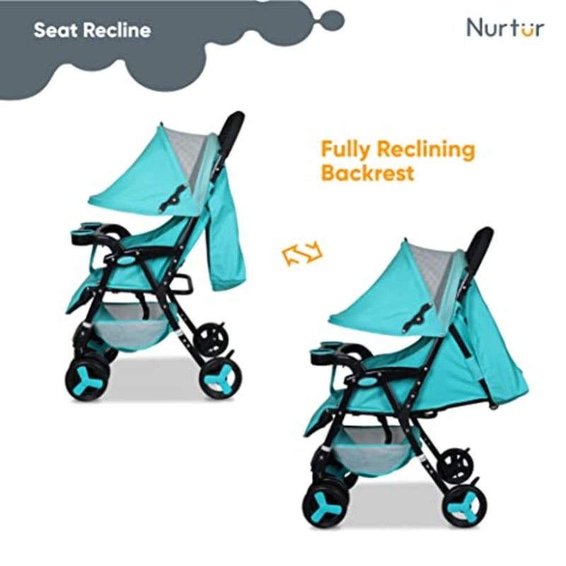 Baby travel stroller for 0-36 months: ultra compact, lightweight, teal printed fabric, includes storage basket, detachable food tray, reclining seat, leg rest - Image 5